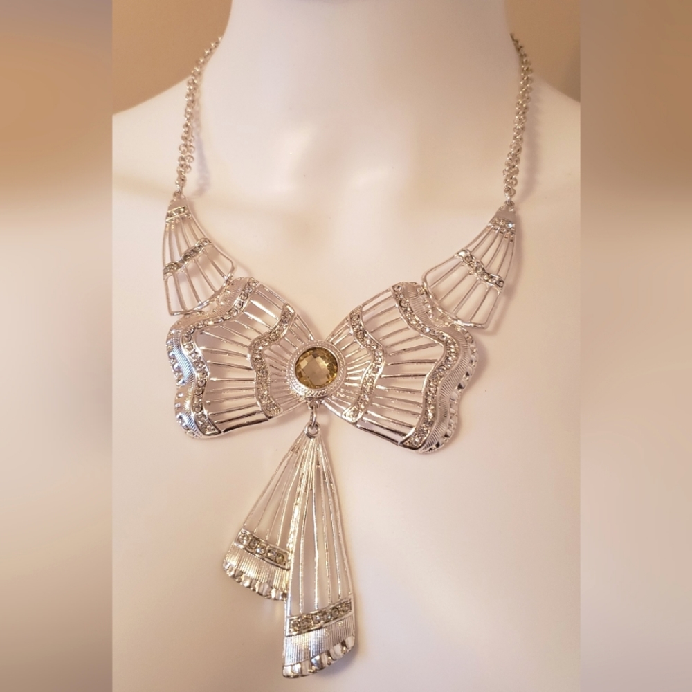 Silver Choker Large Ribbon Bow Statement Necklace